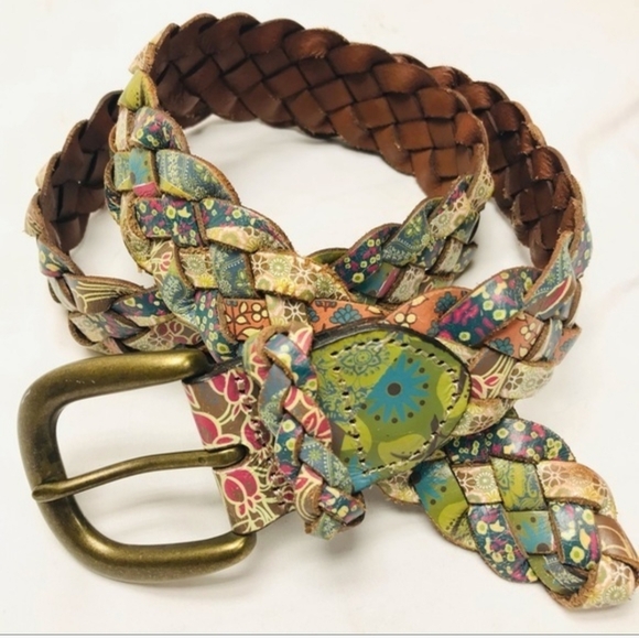 Fossil Accessories - Vtg Fossil Colorful Floral Patterned Quilted Look Leather Braided Belt Womens OS
